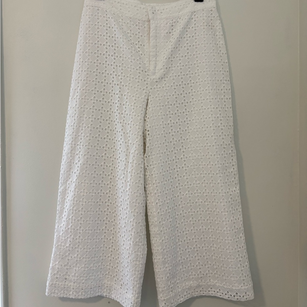 Marled White Eyelet Wide-Leg Pants
